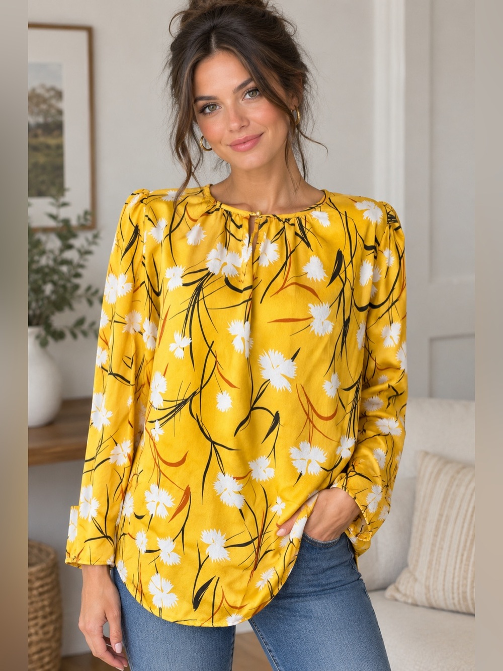 Liz Claiborne Yellow Floral Long Sleeve Top